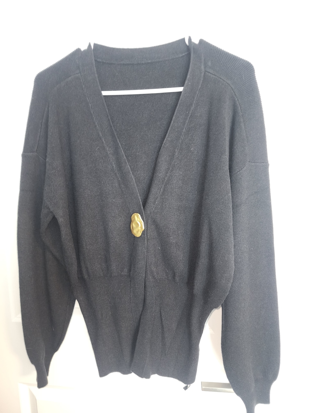 Commense Black V-Neck Sweater Cardigan with Gold Accent Button